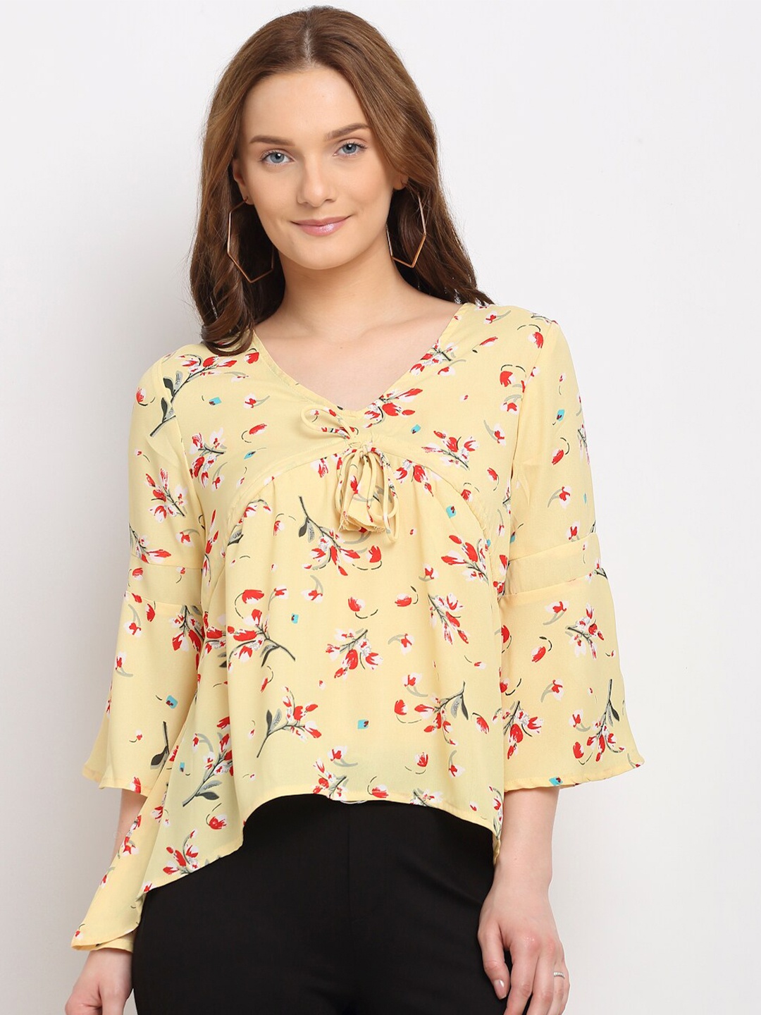 

La Zoire Yellow Floral Print Georgette High-Low Top