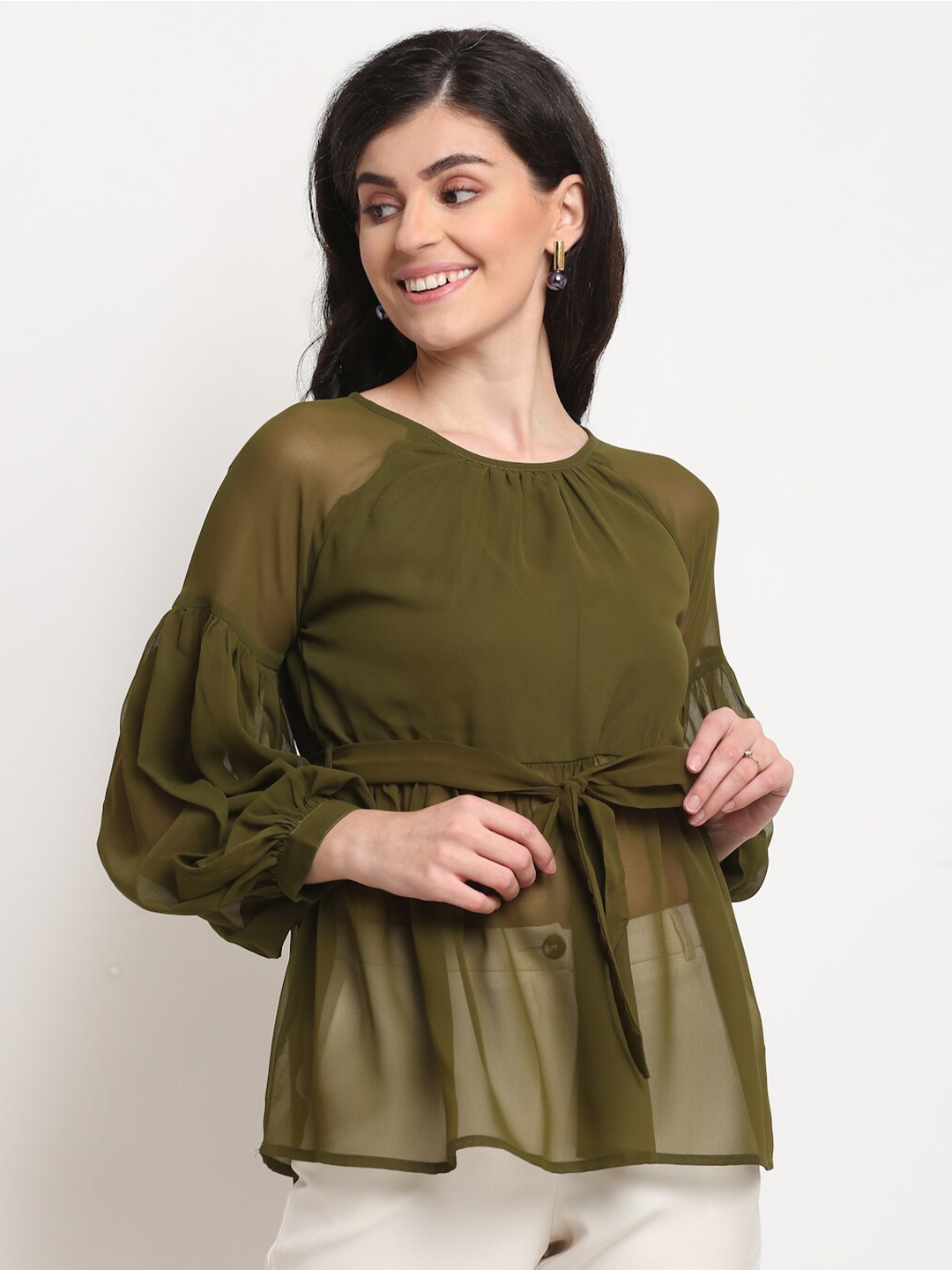 

La Zoire Olive Green Georgette Cinched Waist Top