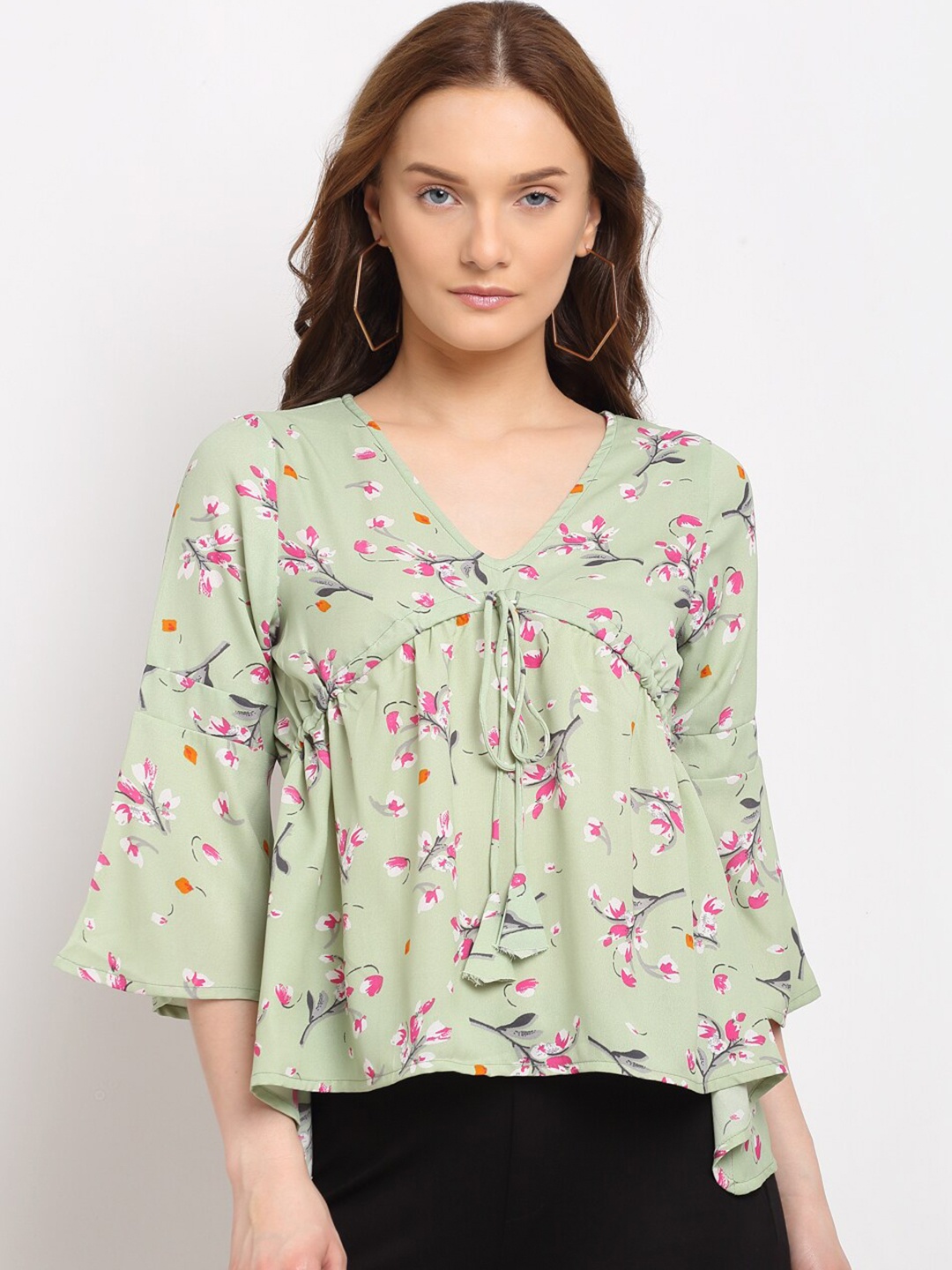 

La Zoire Green Floral Print Georgette Peplum Top