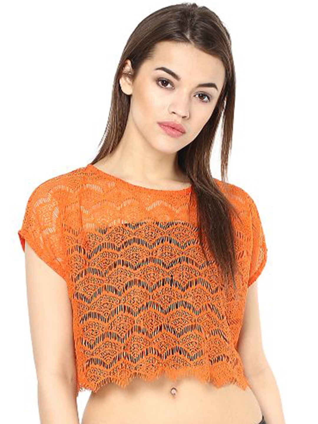 

La Zoire Rust Printed Extended Sleeves Lace Crop Top