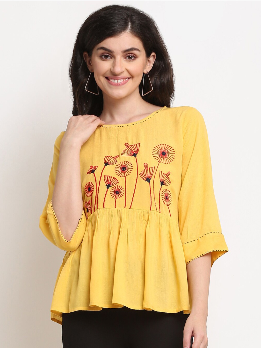 

La Zoire Mustard Yellow Floral Print Peplum Top