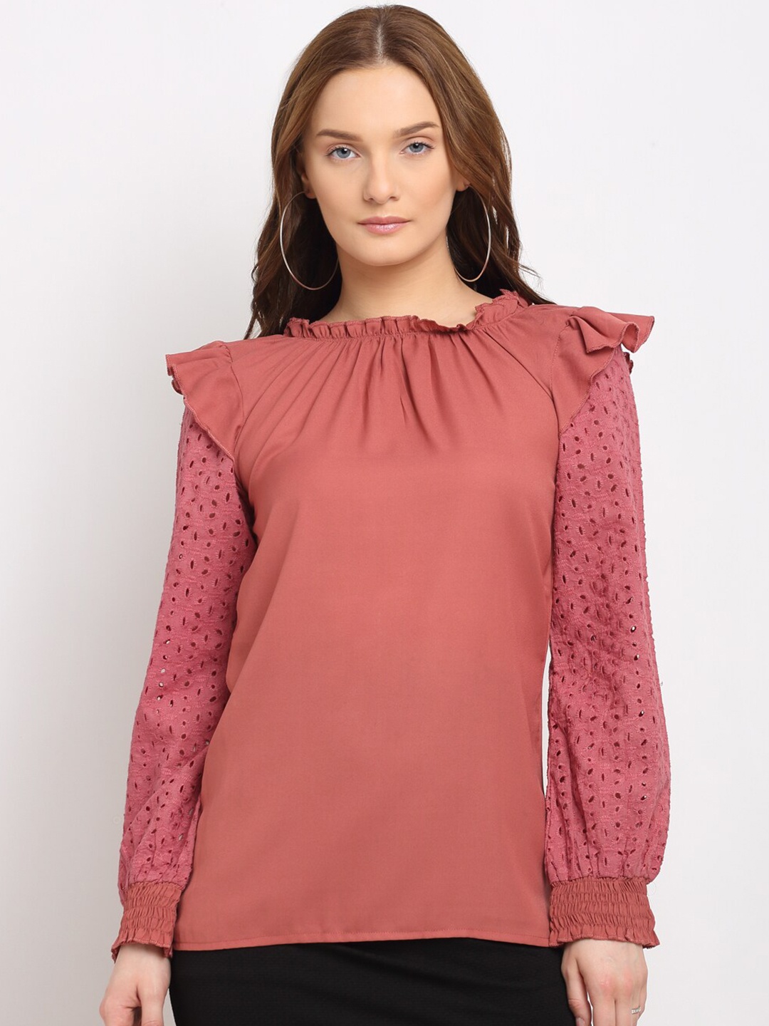 

La Zoire Women Pink Solid Polyester Schiffli Top