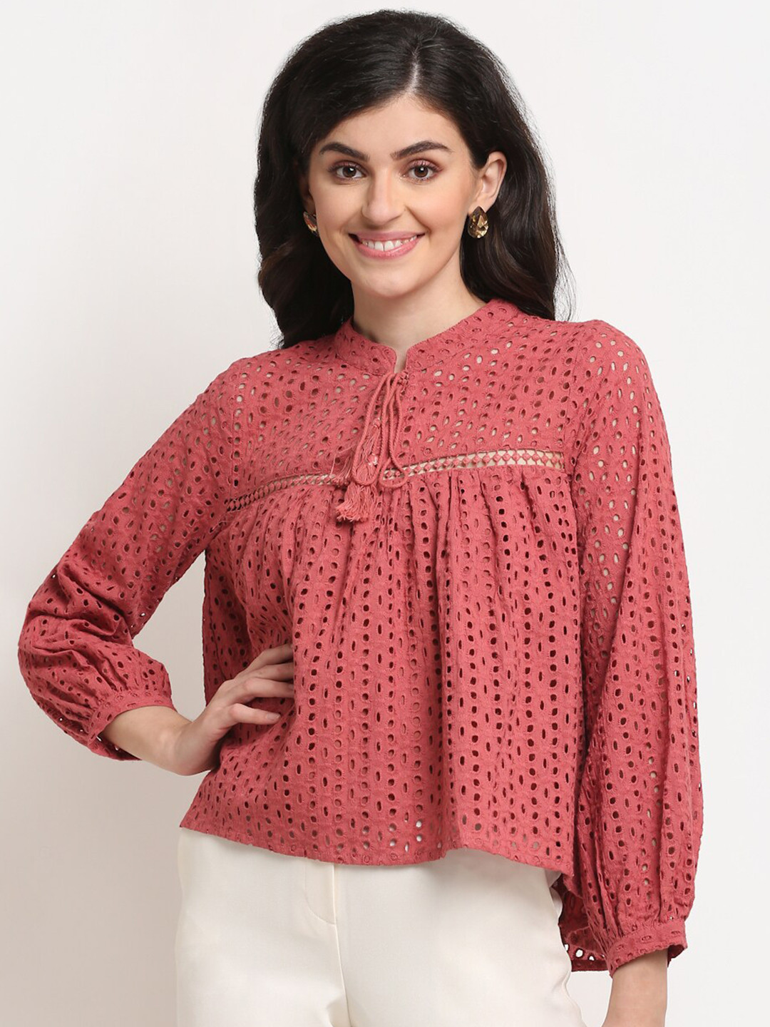 

La Zoire Pink Geometric Tie-Up Neck Schiffli Pure Cotton Top