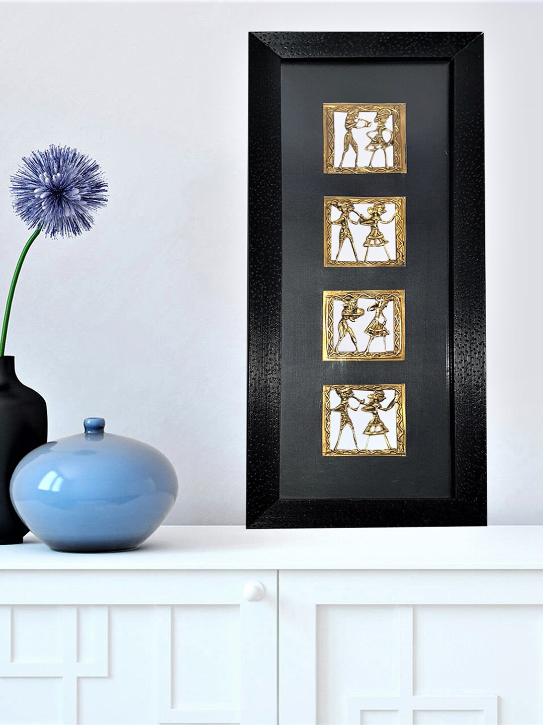 

Gallery99 Black & Gold Warli Brass Figurine Seethrough Wall Art