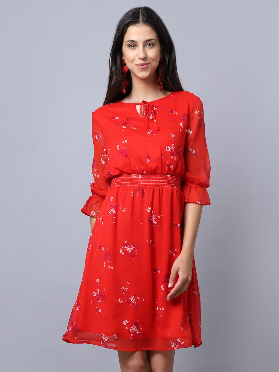 

KURTSY Women Red Floral Tie-Up Neck Chiffon Dress
