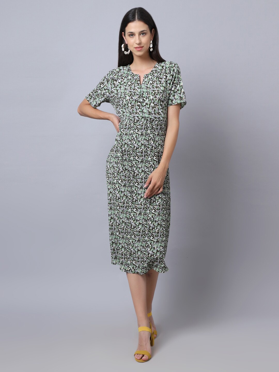 

KURTSY Women Green Animal Crepe Sheath Midi Dress