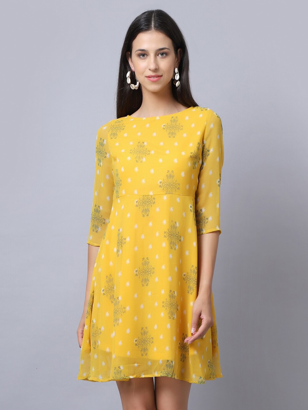 

KURTSY Yellow & Green Floral Georgette A-Line Dress