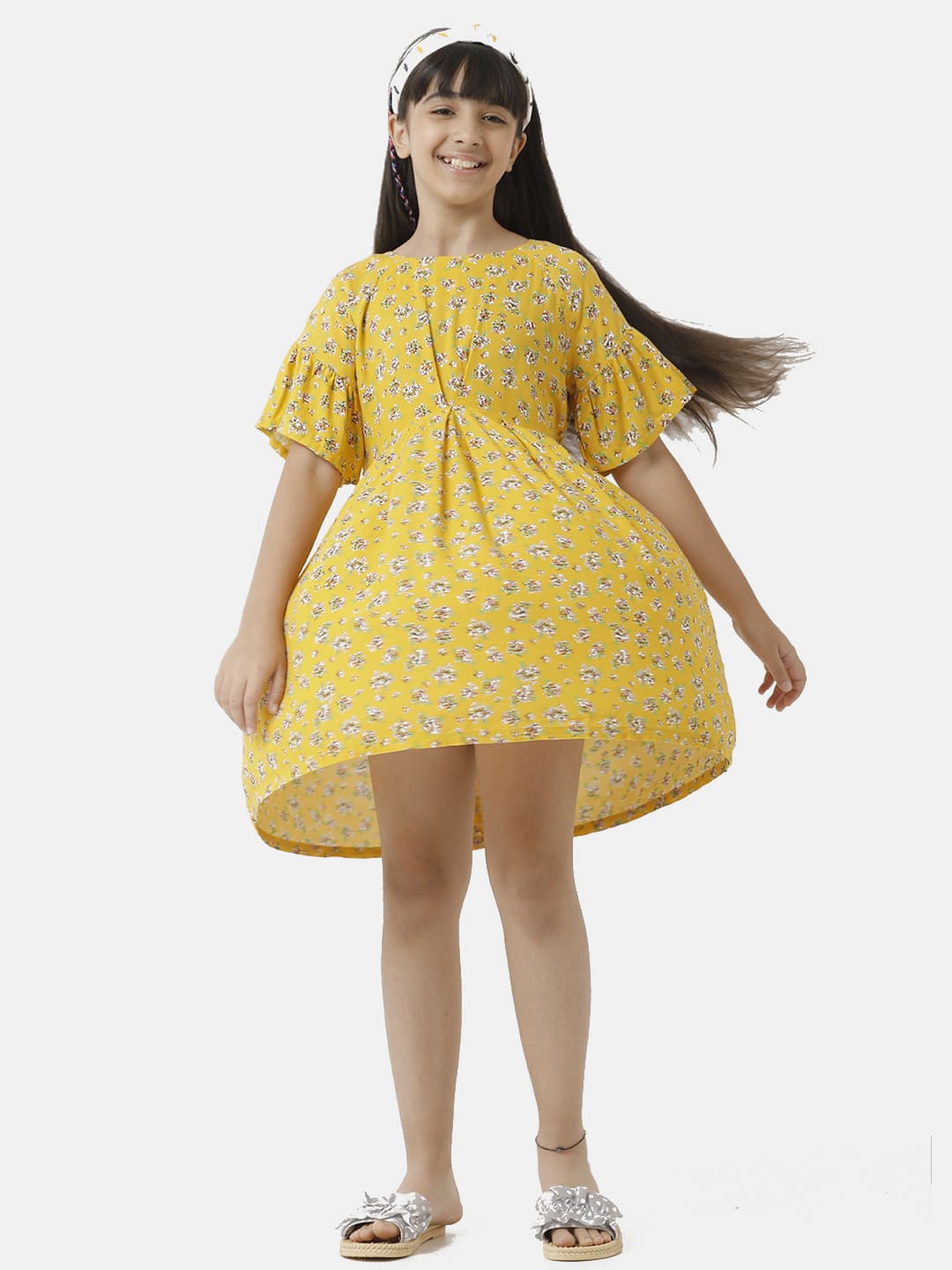 

UNDER FOURTEEN ONLY Girls Yellow Floral Print A-Line Dress