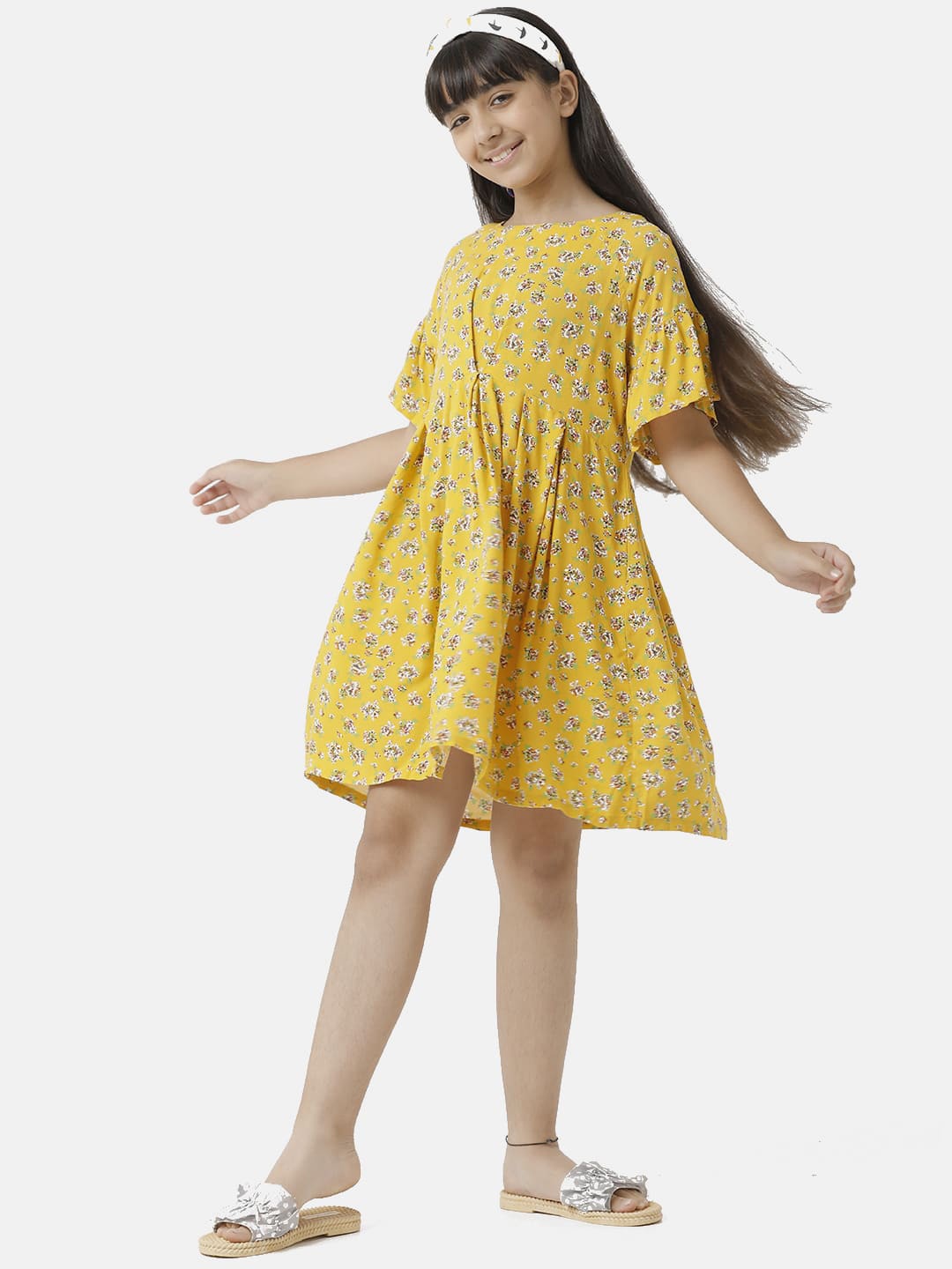 

UNDER FOURTEEN ONLY Girls Yellow Cotton Round Neck Floral Dress