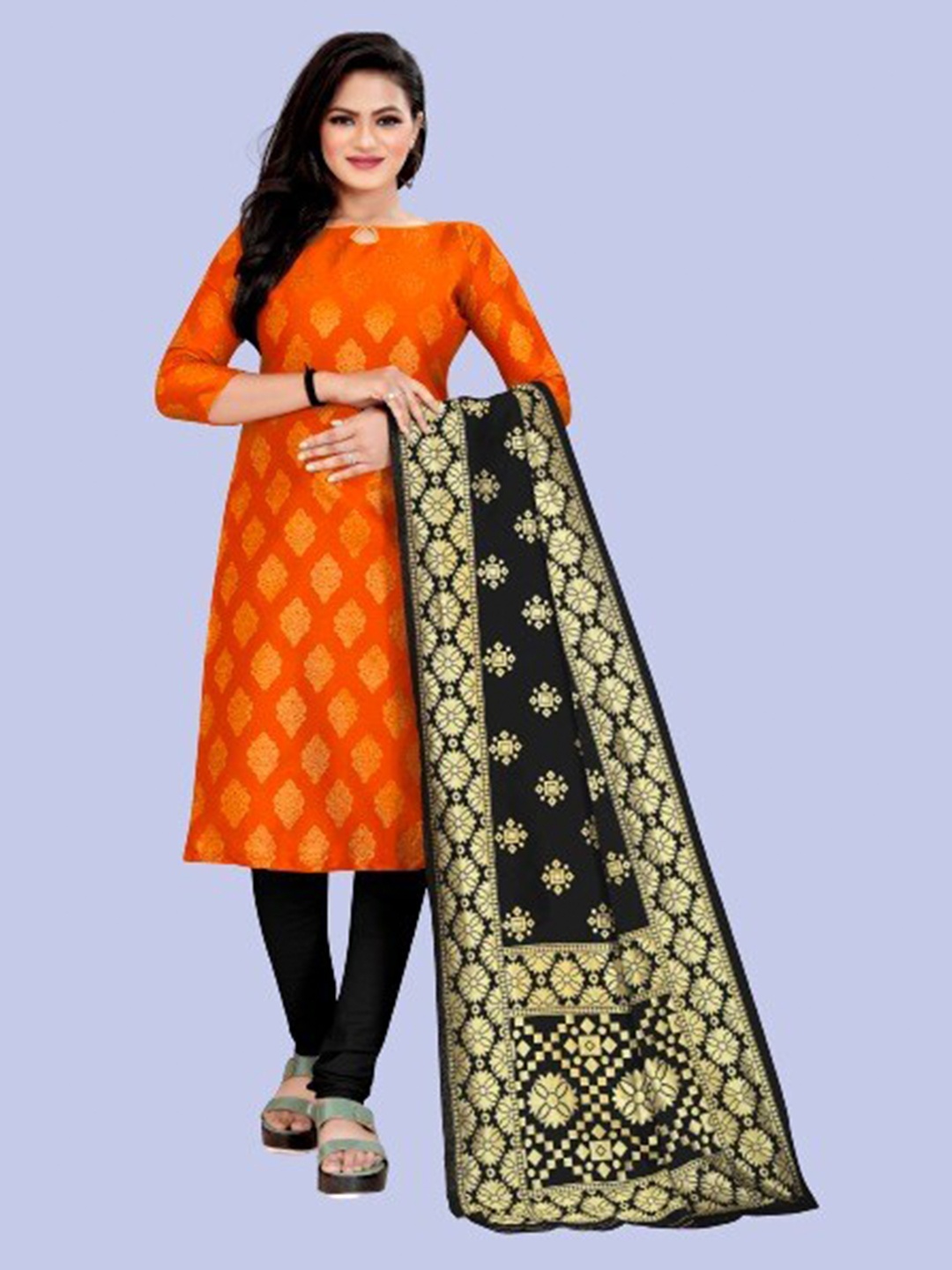 

MORLY Orange & Blue Dupion Silk Unstitched Dress Material