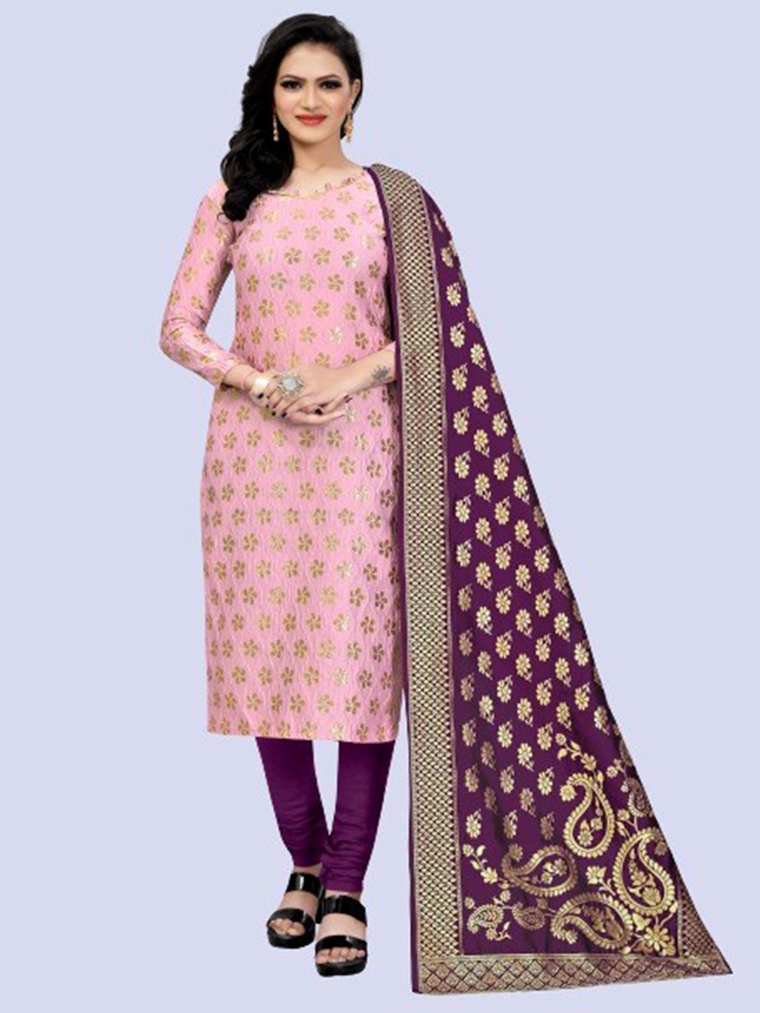 

MORLY Pink & Purple Dupion Silk Unstitched Dress Material