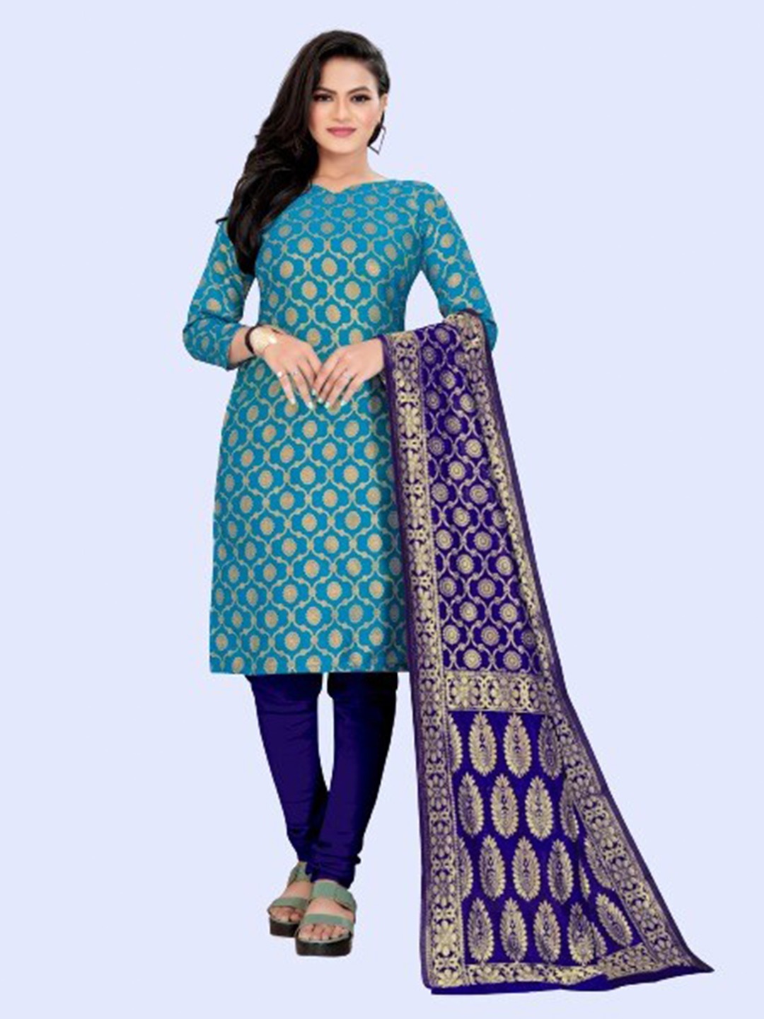 

MORLY Women Turquoise Blue & Gold-Toned Dupion Silk Unstitched Dress Material