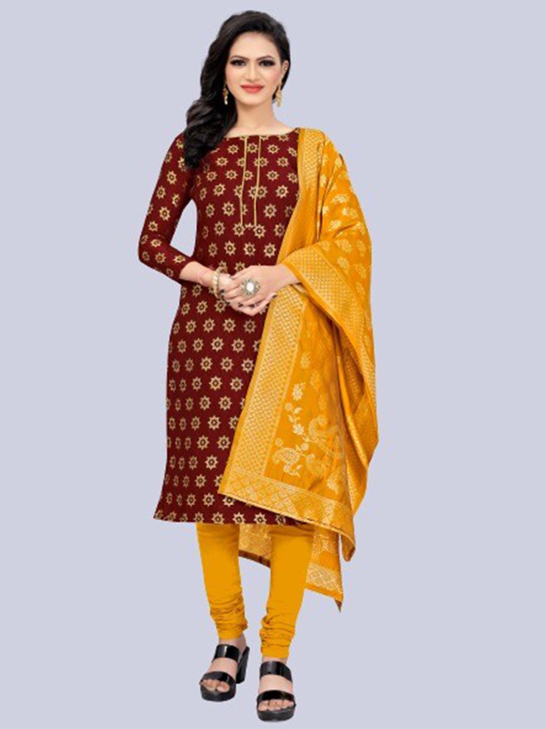 

MORLY Maroon & Mustard Dupion Silk Unstitched Dress Material