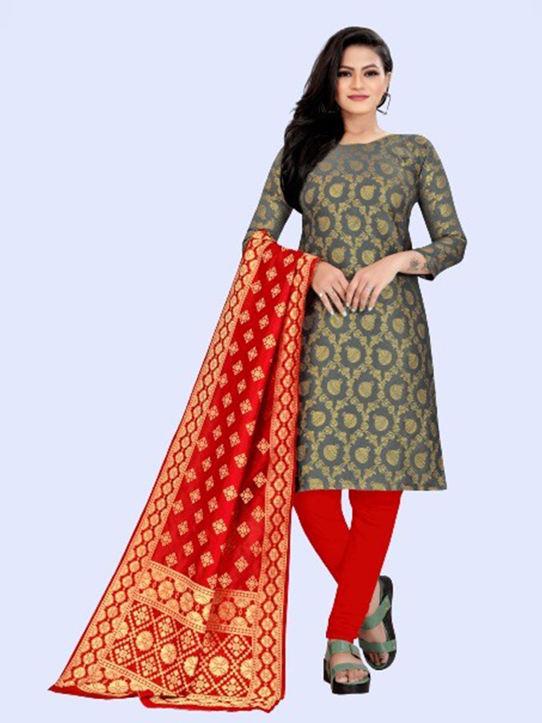 

MORLY Grey & Red Dupion Silk Unstitched Dress Material