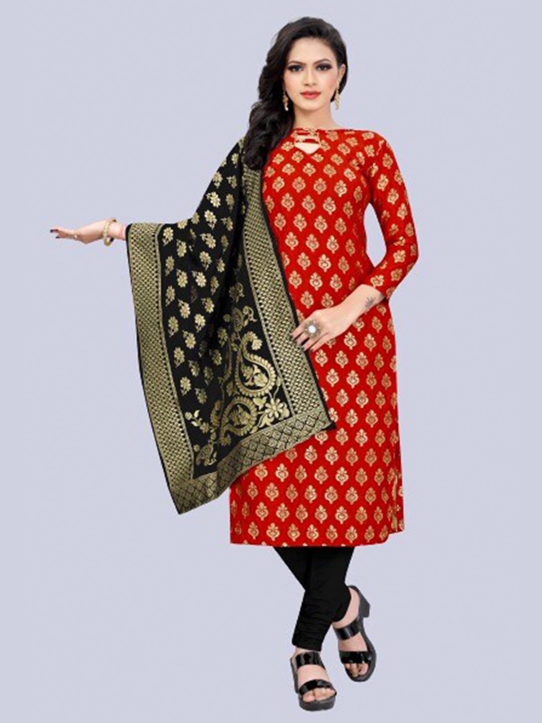 

MORLY Red & Black Dupion Silk Unstitched Dress Material