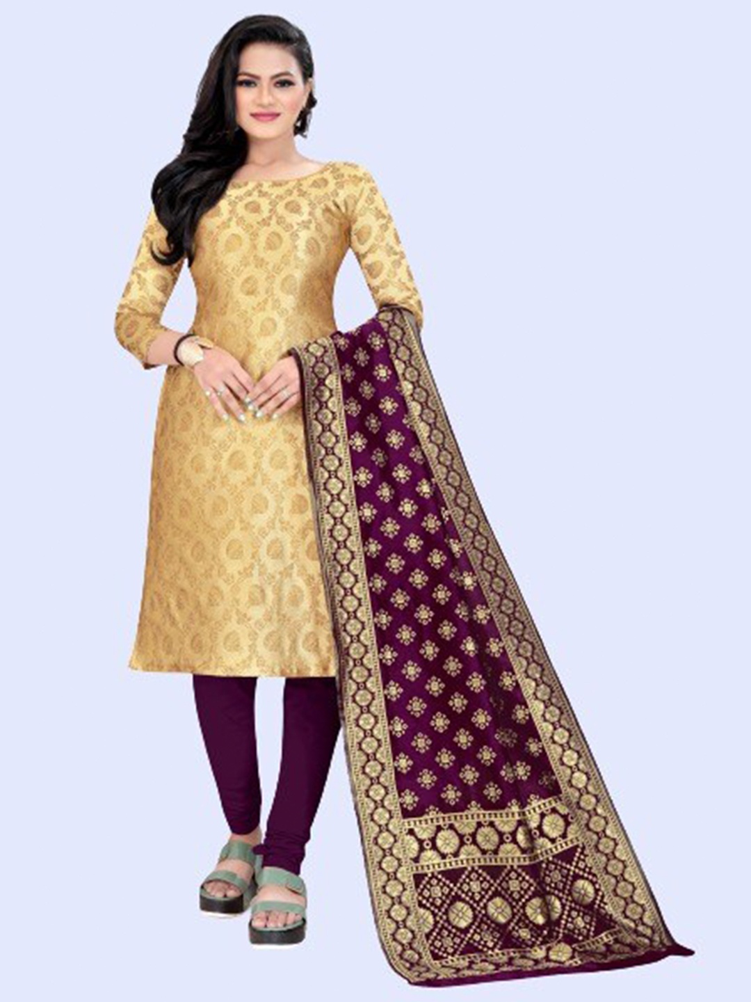 

MORLY Beige & Purple Dupion Silk Unstitched Dress Material
