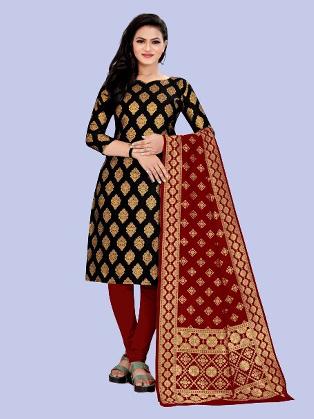 

MORLY Black & Red Dupion Silk Unstitched Dress Material