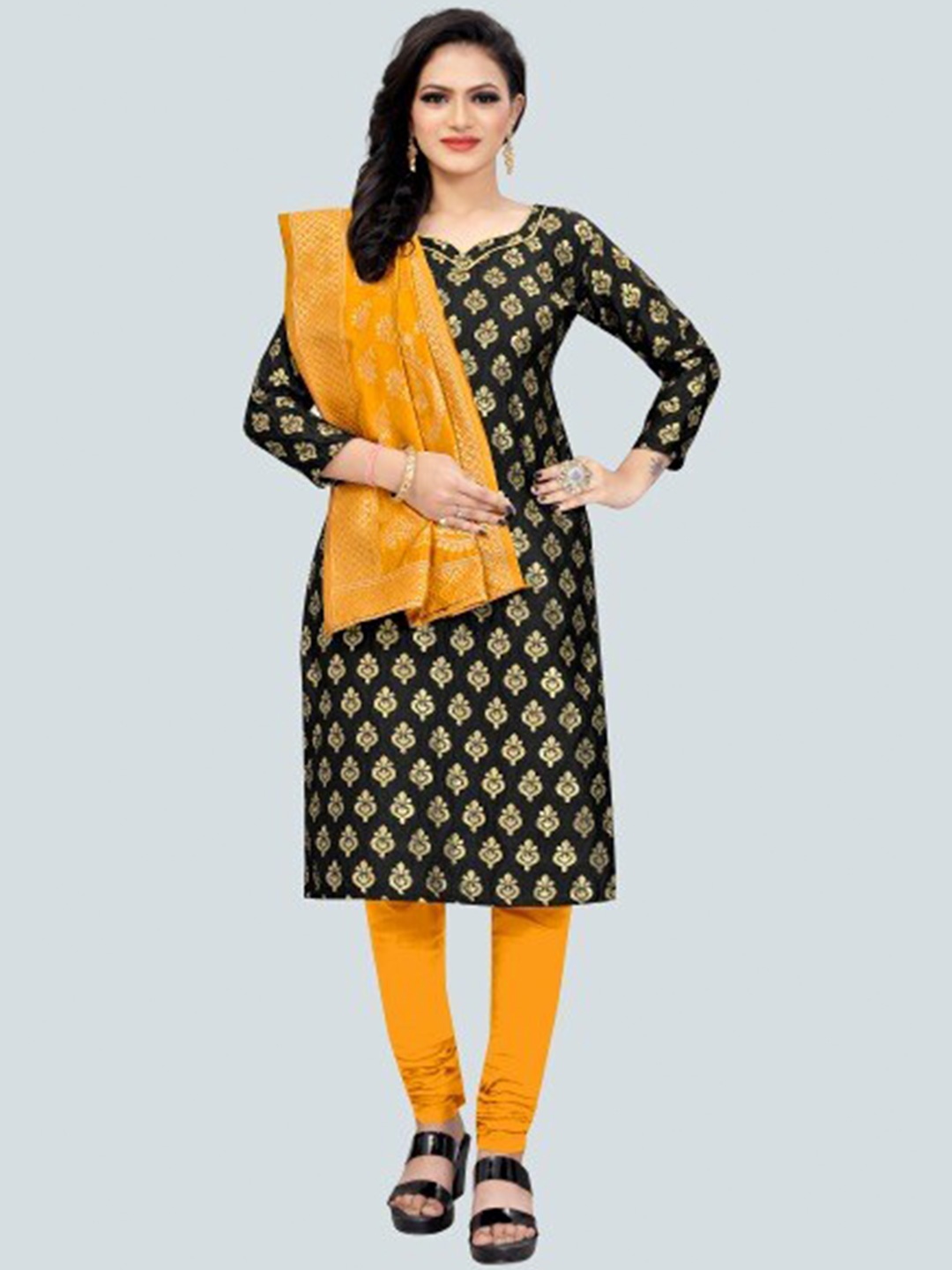 

MORLY Black & Yellow Dupion Silk Unstitched Dress Material