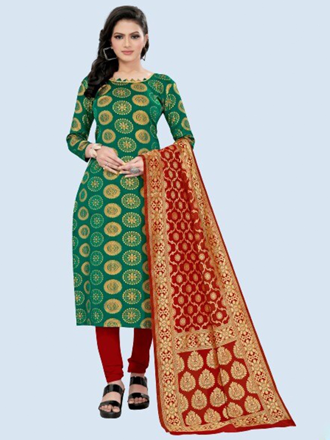 

MORLY Women Green & Red Dupion Silk Unstitched Dress Material