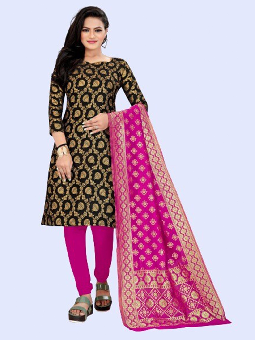 

MORLY Black & Pink Dupion Silk Banarasi Unstitched Dress Material