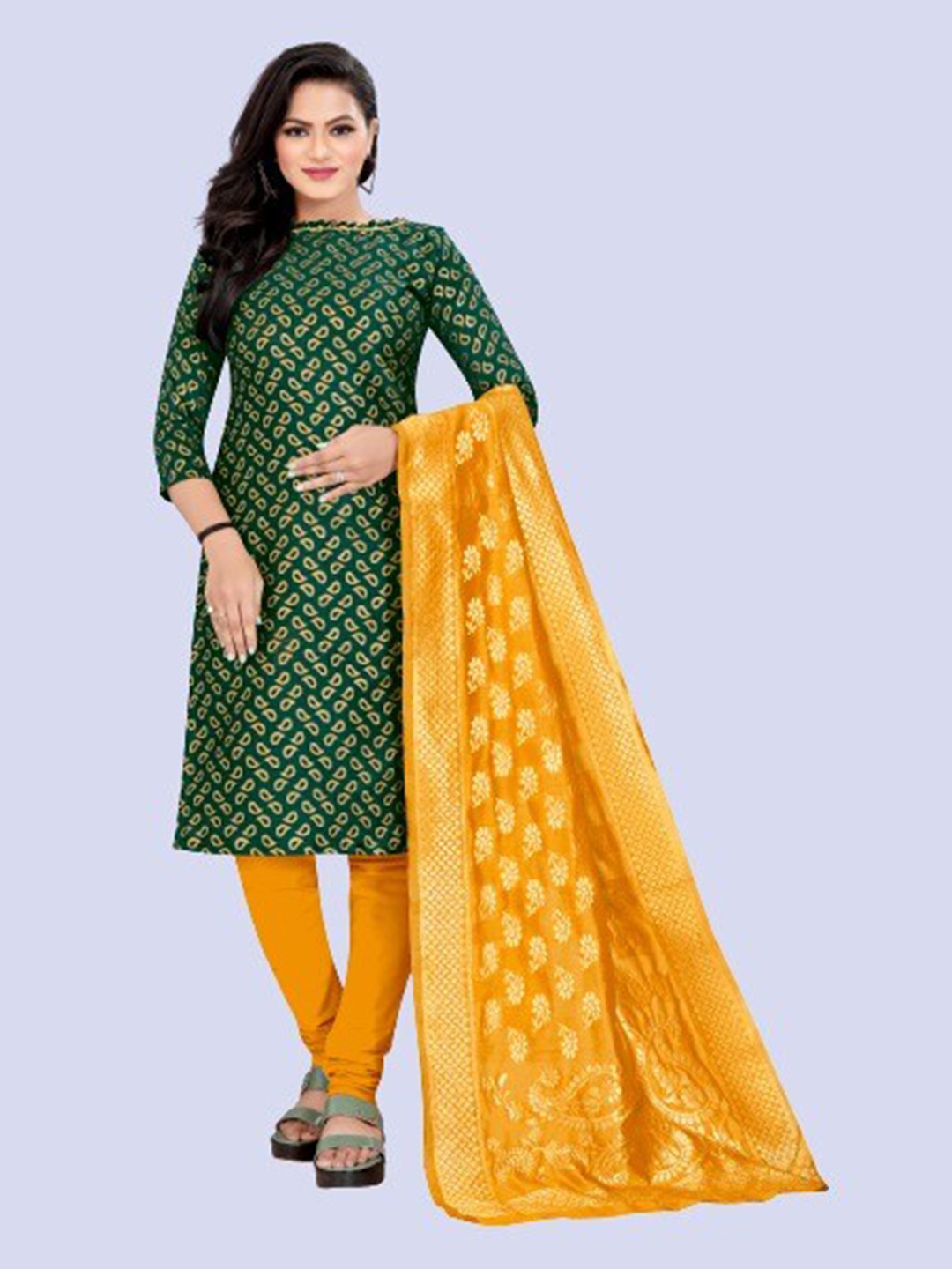 

MORLY Green & Mustard Dupion Silk Unstitched Dress Material