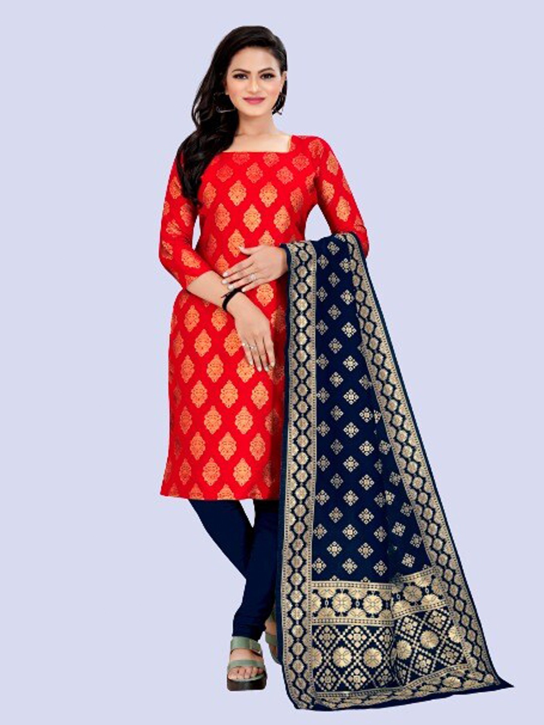

MORLY Red & Black Dupion Silk Unstitched Dress Material