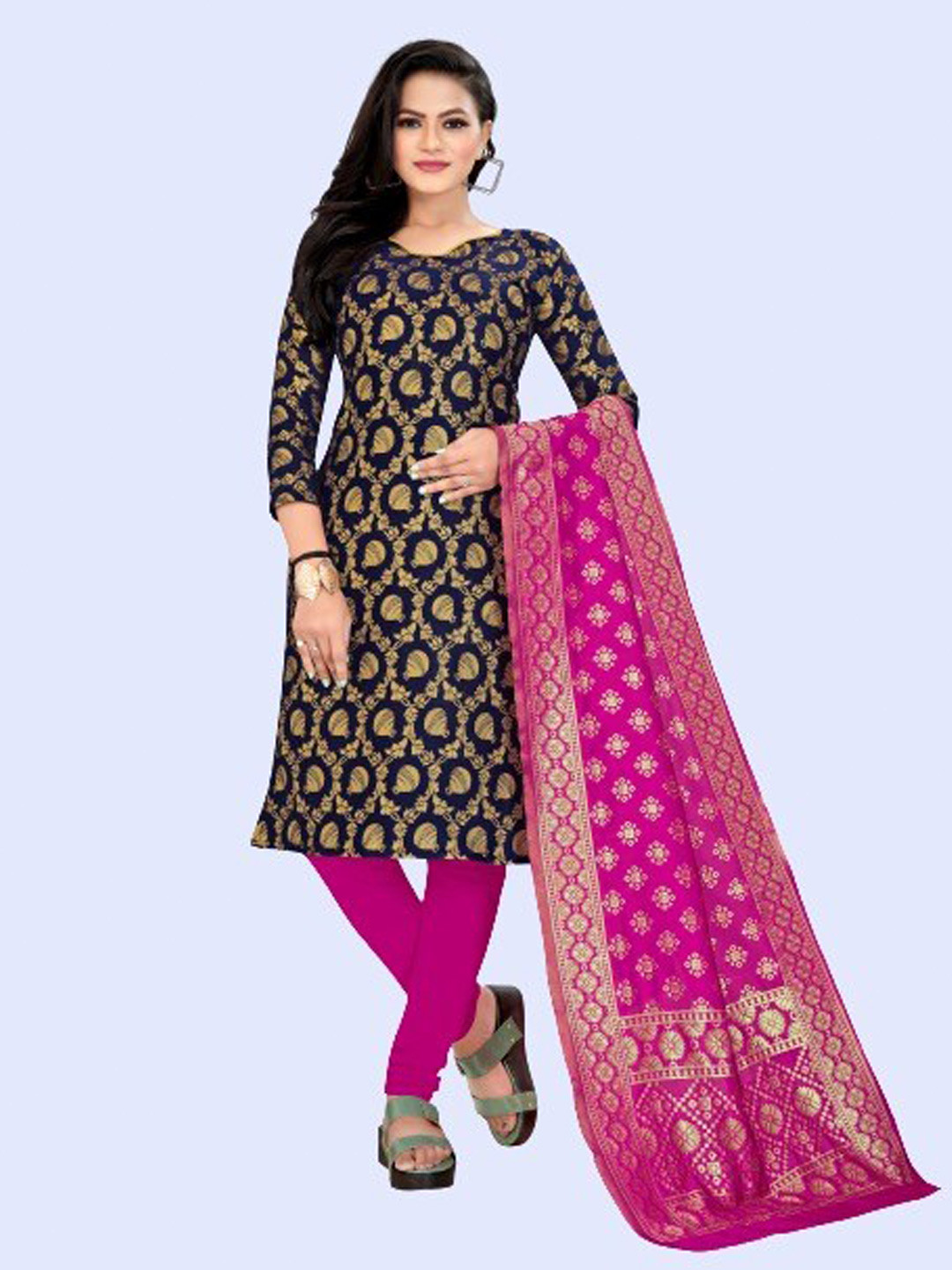 

MORLY Navy Blue & Pink Dupion Silk Unstitched Dress Material