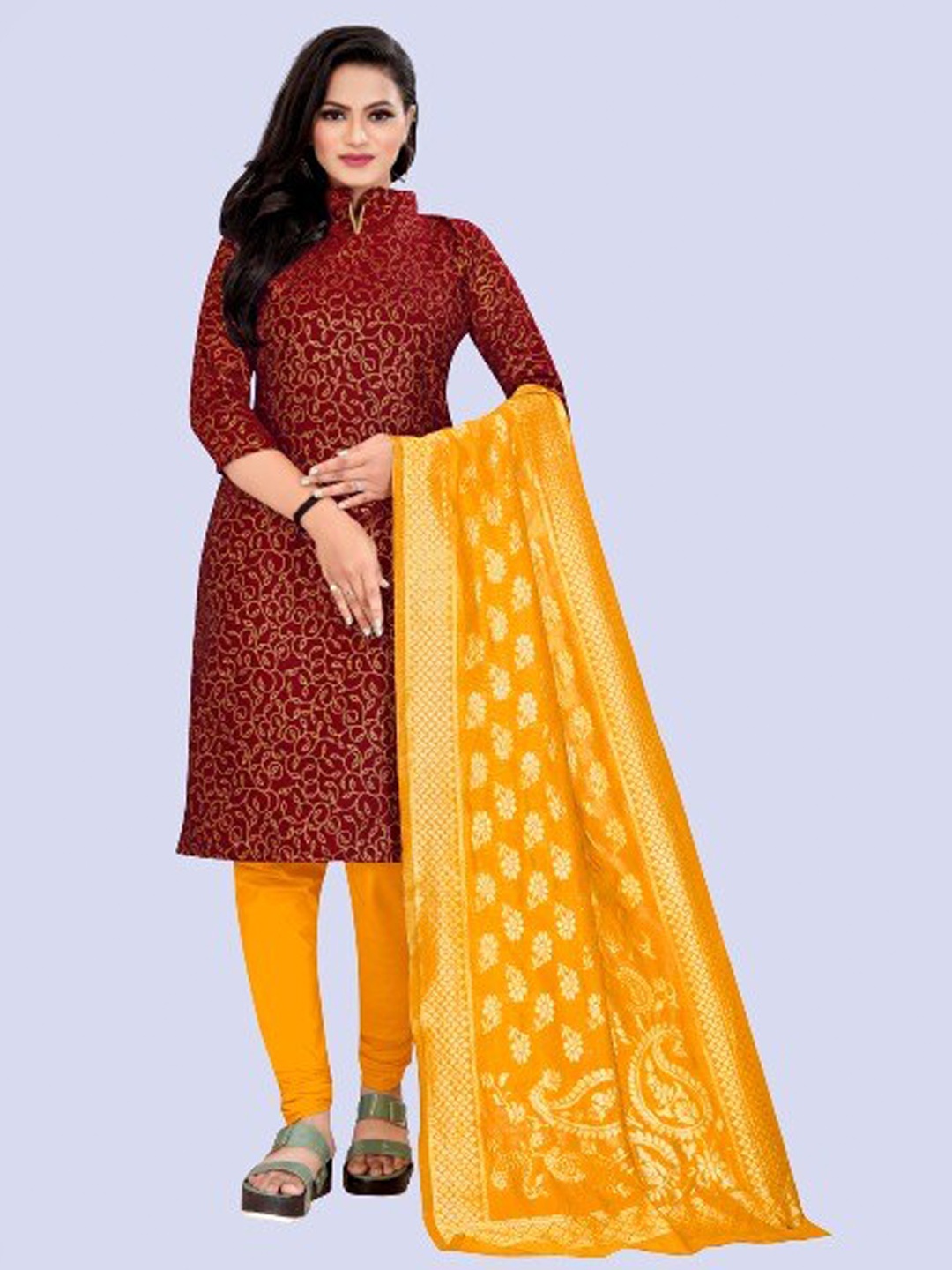 

MORLY Maroon & Mustard Yellow Dupion Silk Unstitched Dress Material