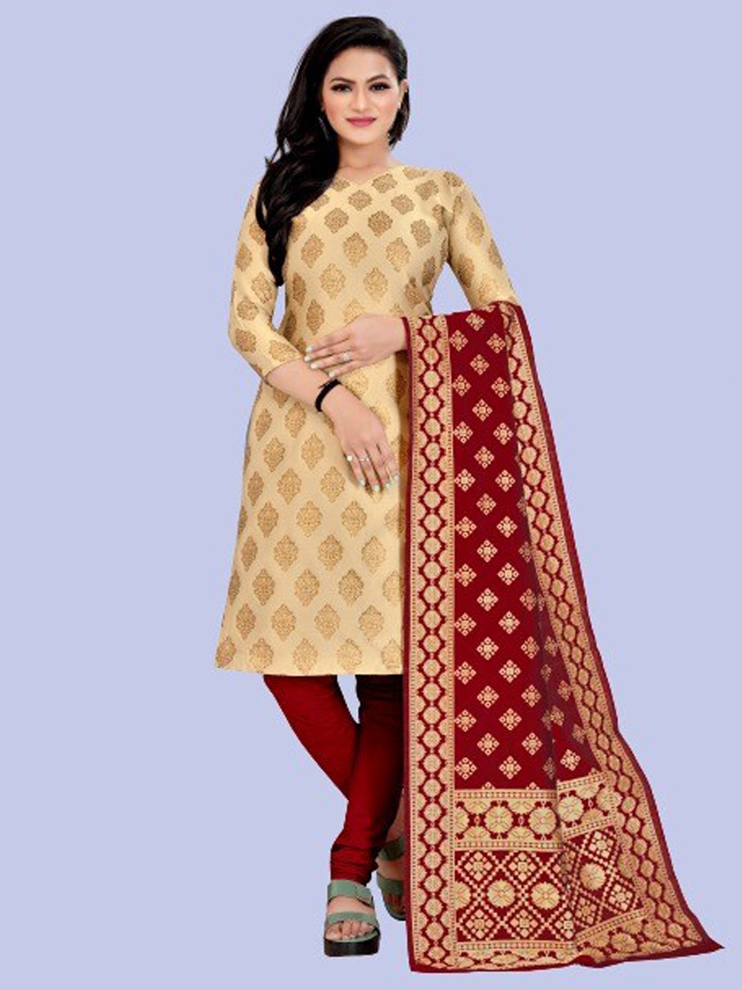 

MORLY Women Beige & Maroon Dupion Silk Unstitched Dress Material