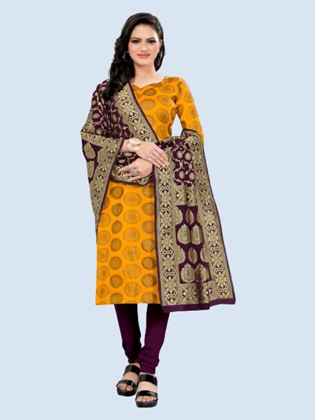 

MORLY Yellow & Purple Dupion Silk Banarasi Unstitched Dress Material