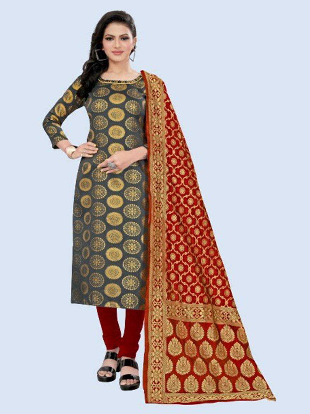

MORLY Grey & Maroon Woven Design Dupion Silk Unstitched Dress Material