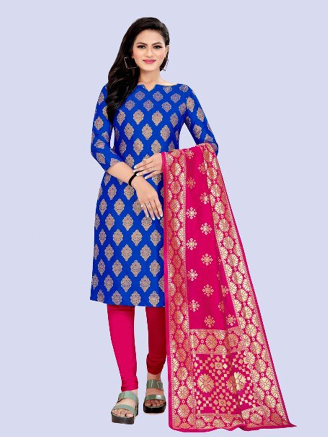 

MORLY Blue & Pink Dupion Silk Unstitched Dress Material