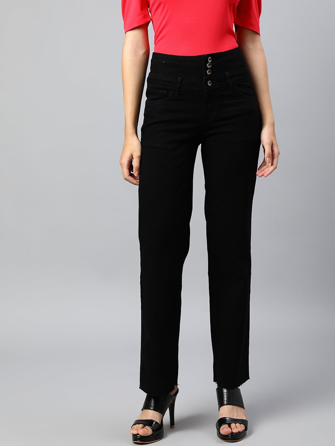 

Xpose Women Black Comfort Wide Leg High-Rise Stretchable Jeans