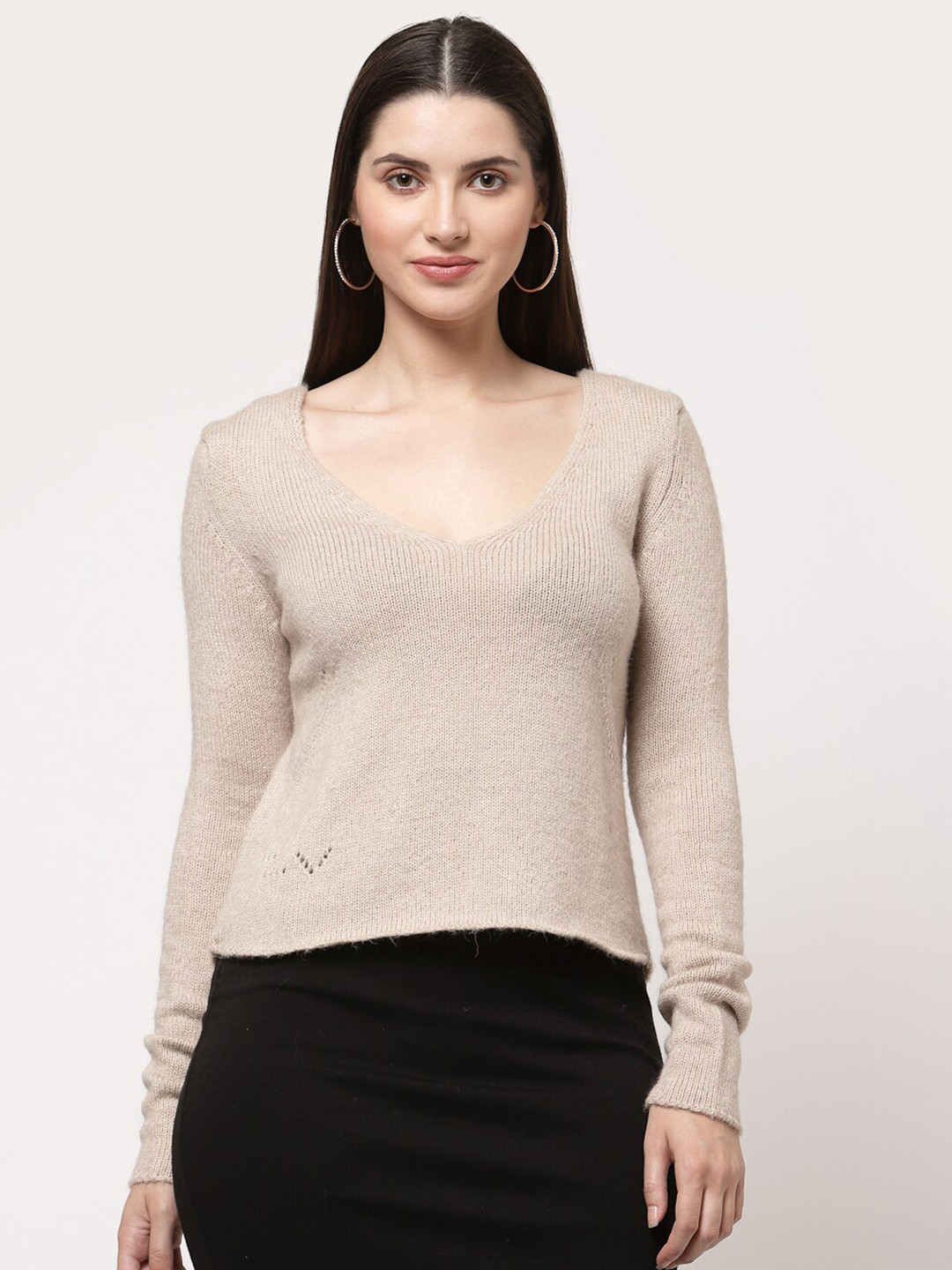 

513 Women Beige Striped Acrylic Long Sleeves Pullover