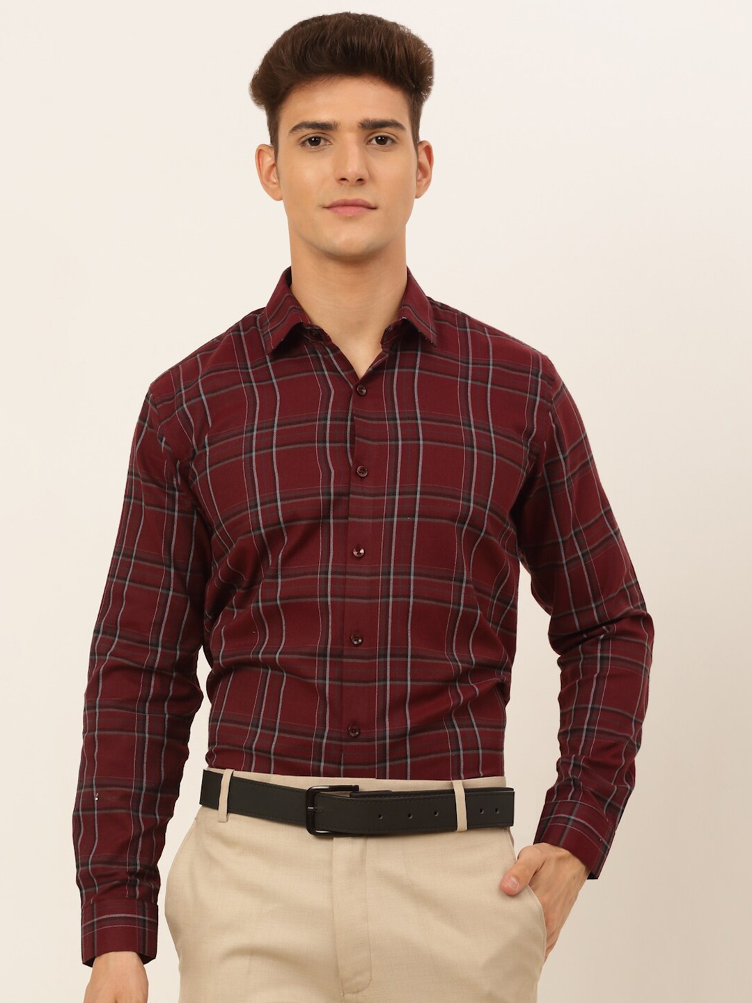 

JAINISH Men Maroon Classic Tartan Checks Checked Formal Shirt