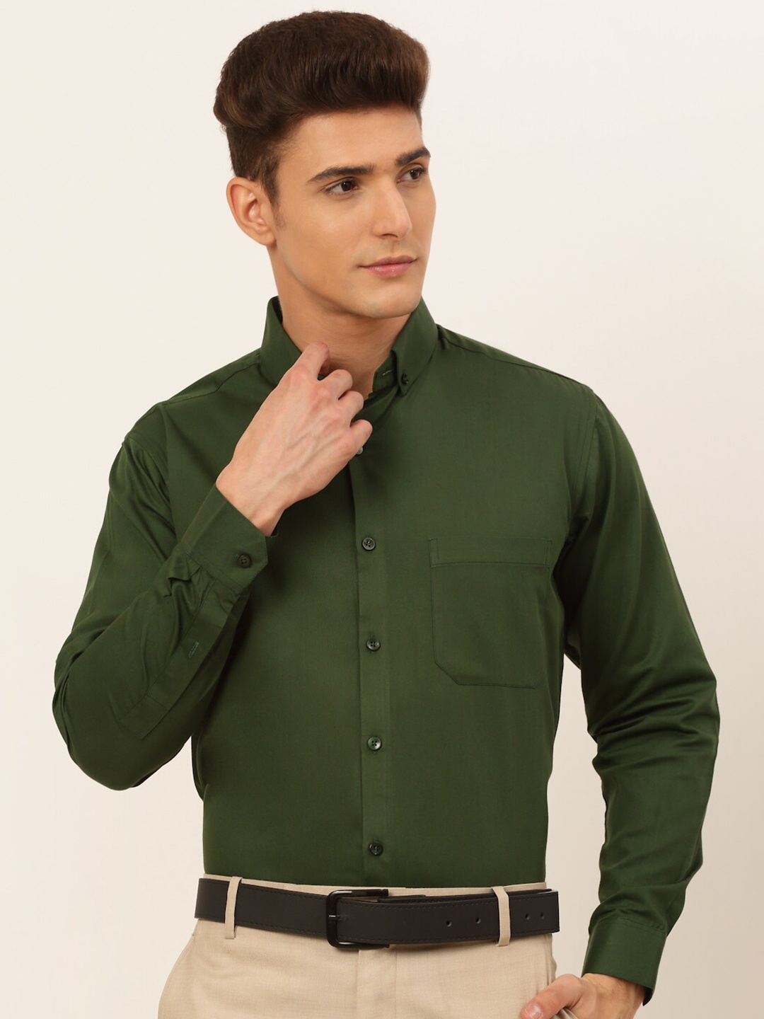 

JAINISH Men Olive Green Classic Formal Shirt