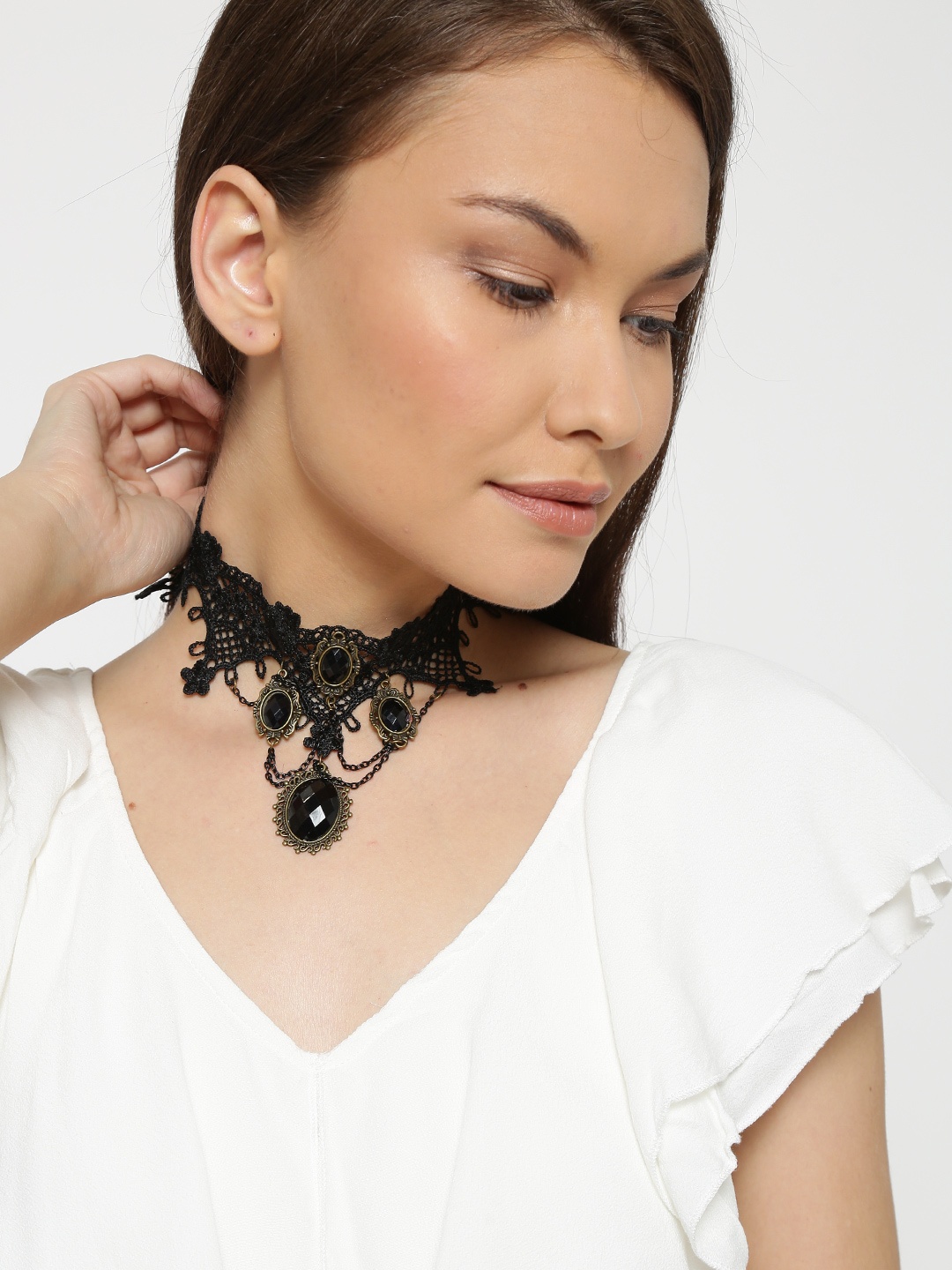 

Shining Diva Fashion Black Stone-Studded Crochet Choker Necklace