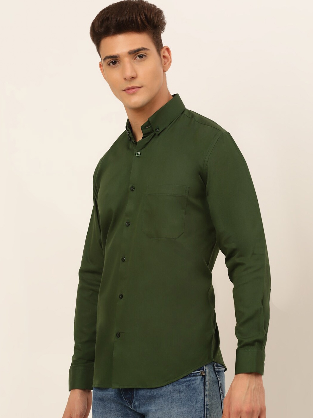 

JAINISH Men Olive Green Classic Pure Cotton Casual Shirt