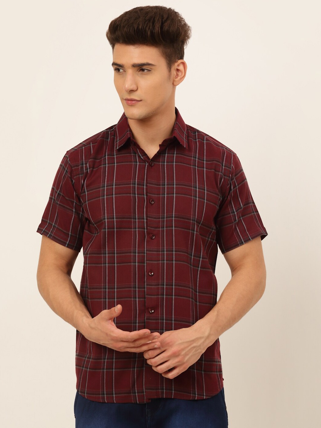 

JAINISH Men Maroon Classic Tartan Checks Checked Cotton Casual Shirt