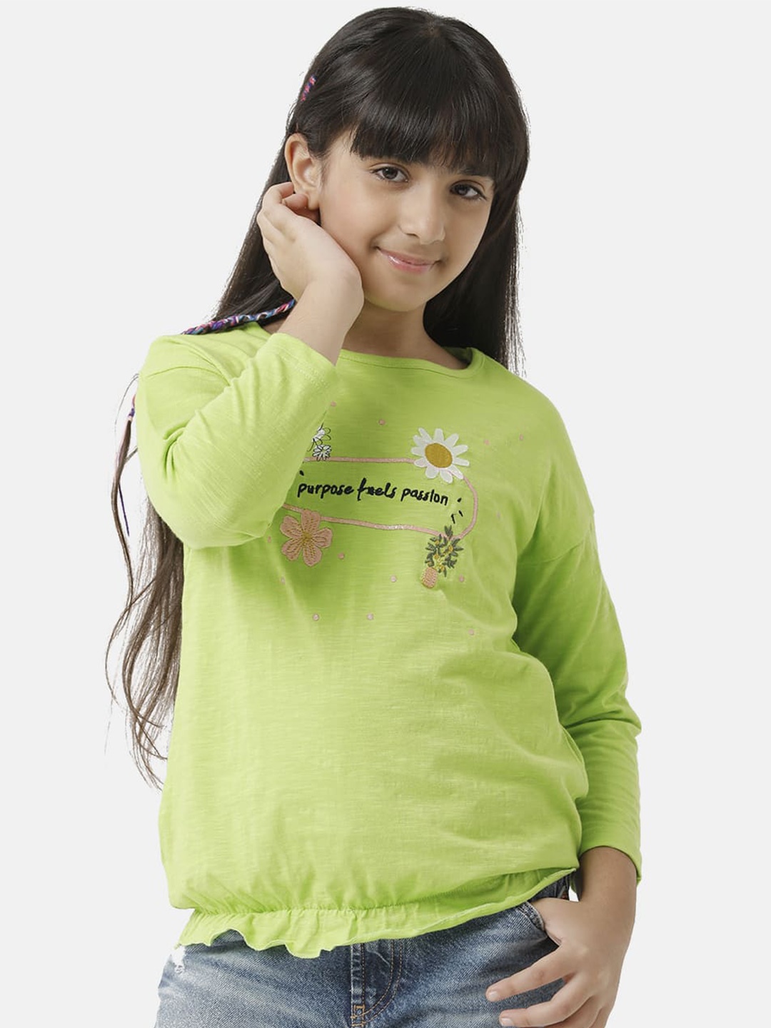 

UNDER FOURTEEN ONLY Girls Green Typography Printed Pure Cotton T-shirt