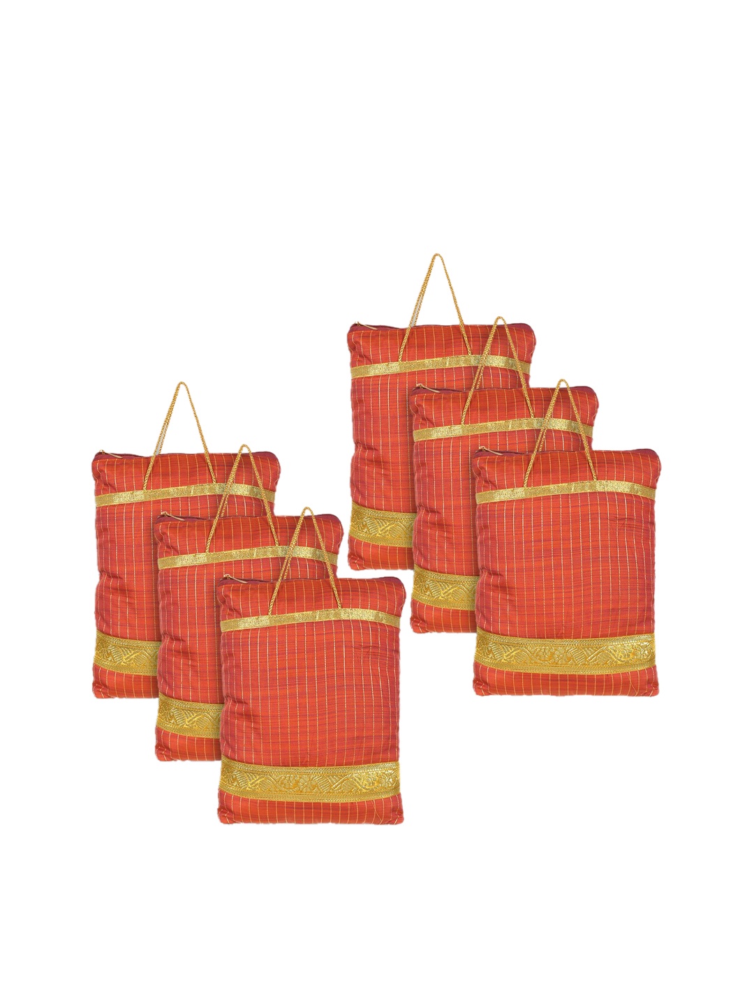Kuber Industries Pack of 6 Red Checked Embellished Shopper Tote Bag