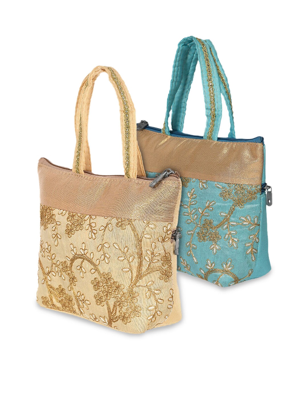 Kuber Industries Pack of 2 Blue Floral Embellished Structured Handheld Bags
