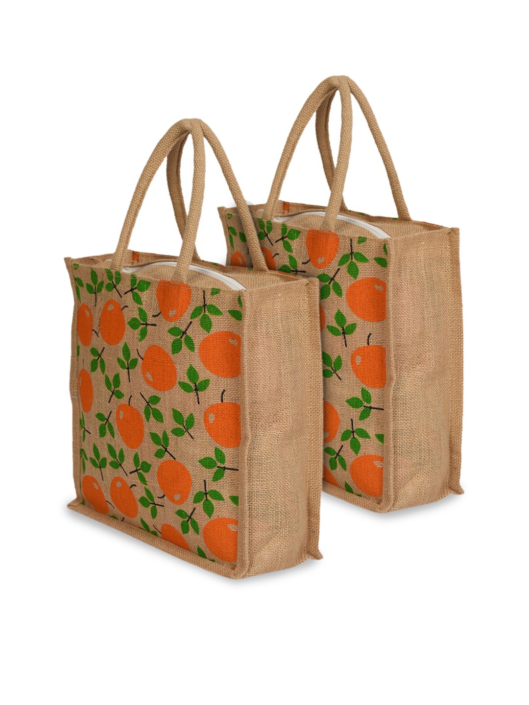 

Kuber Industries Set of 2 Orange Floral Printed Structured Jute Handheld Bags