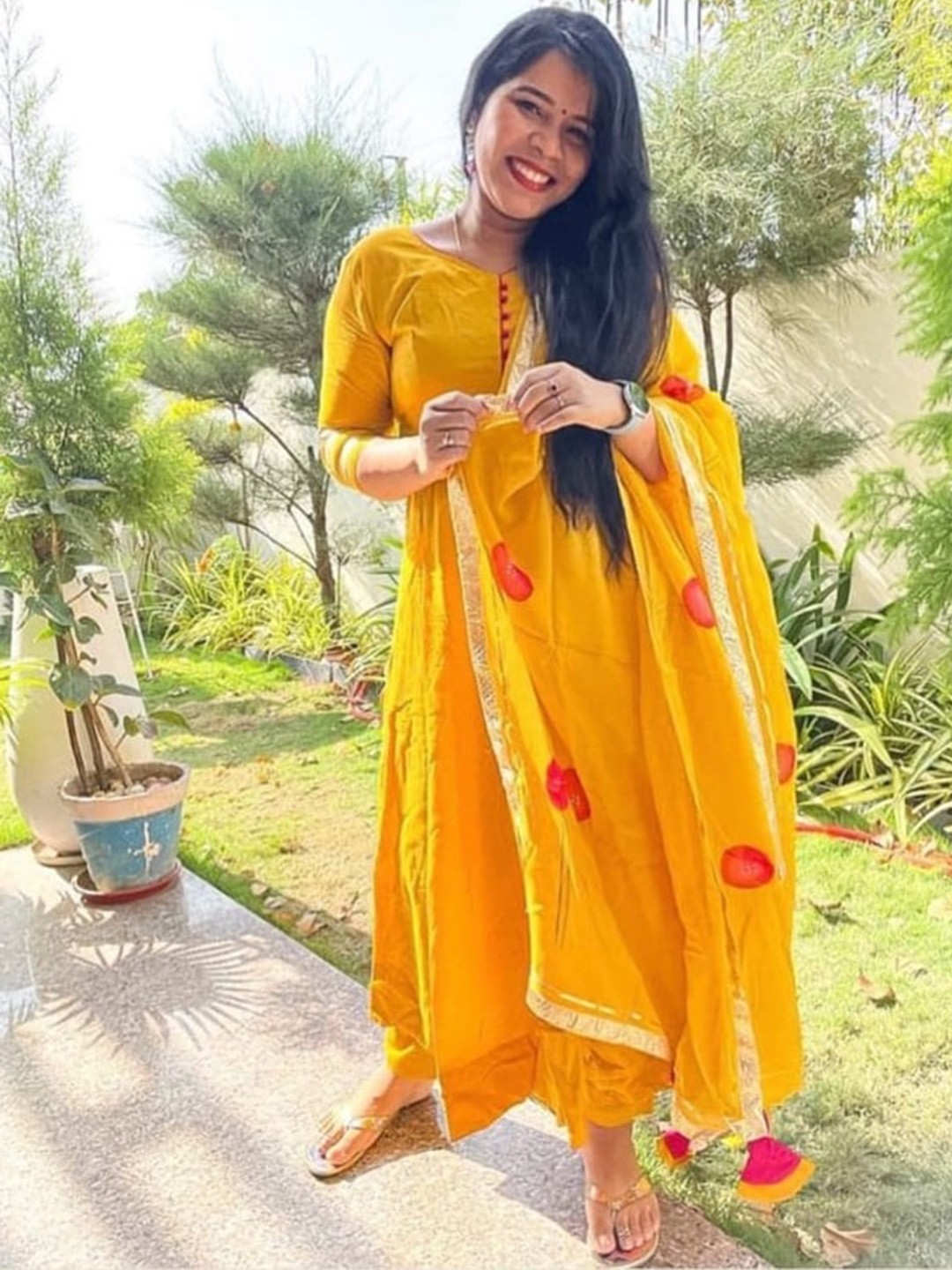 

Meeranshi Women Yellow Gotta Patti Kurta with Palazzos & With Dupatta