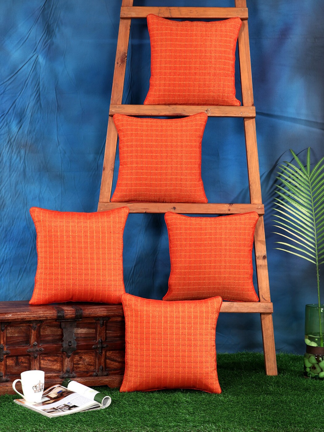 

SOKNACK Orange Set of 5 Checked Square Cushion Covers