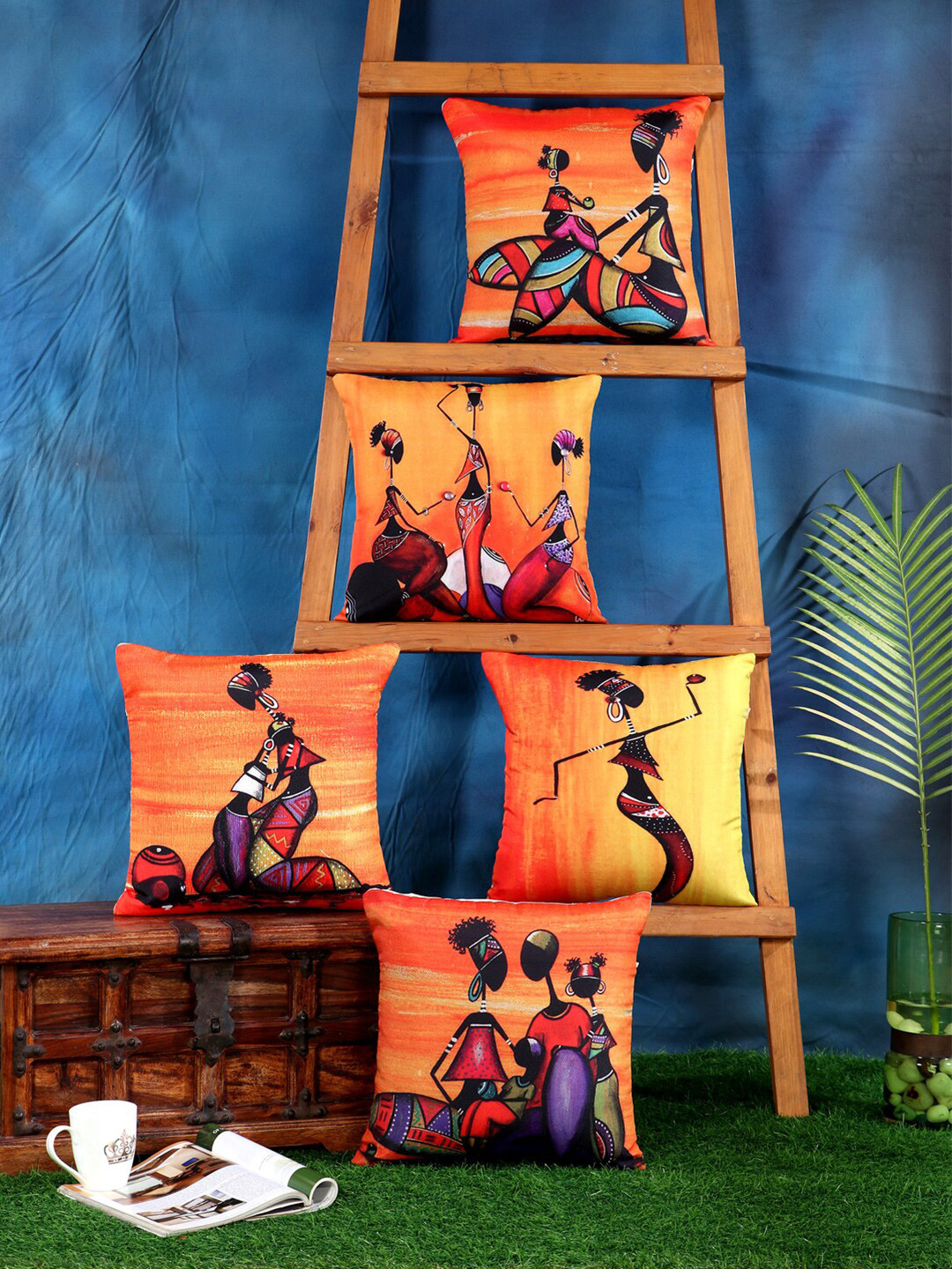 

SOKNACK Pack of 5 Orange & Purple Abstract Square Cushion Covers