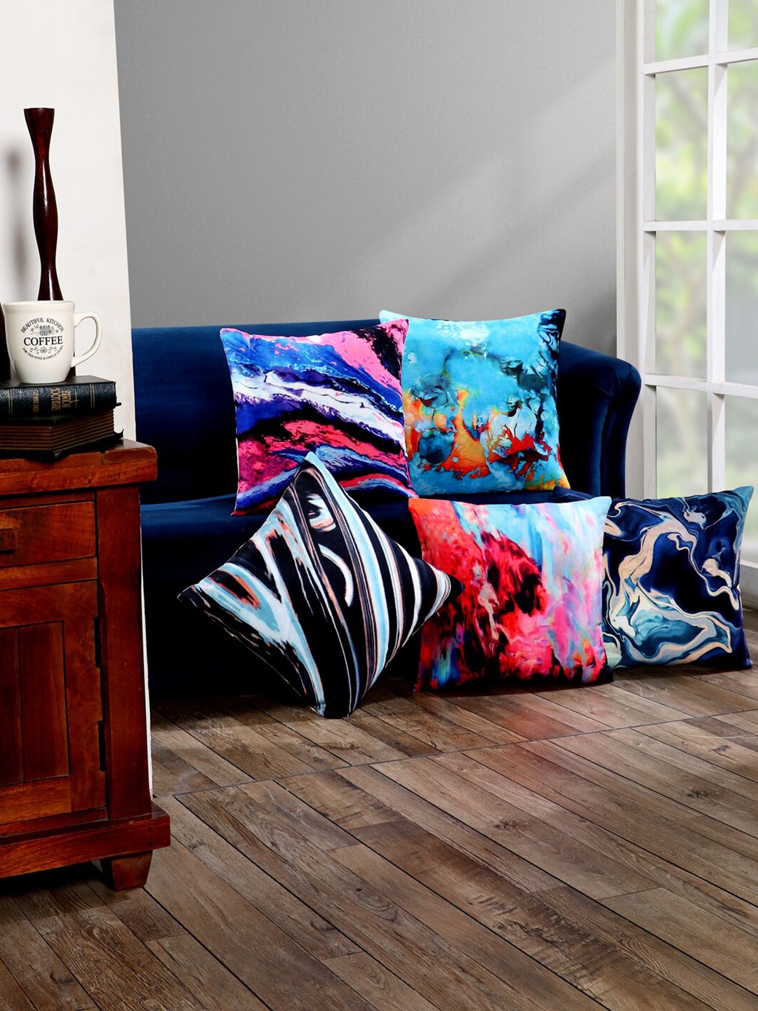 

SOKNACK Blue & White Set of 5 Abstract Square Cushion Covers