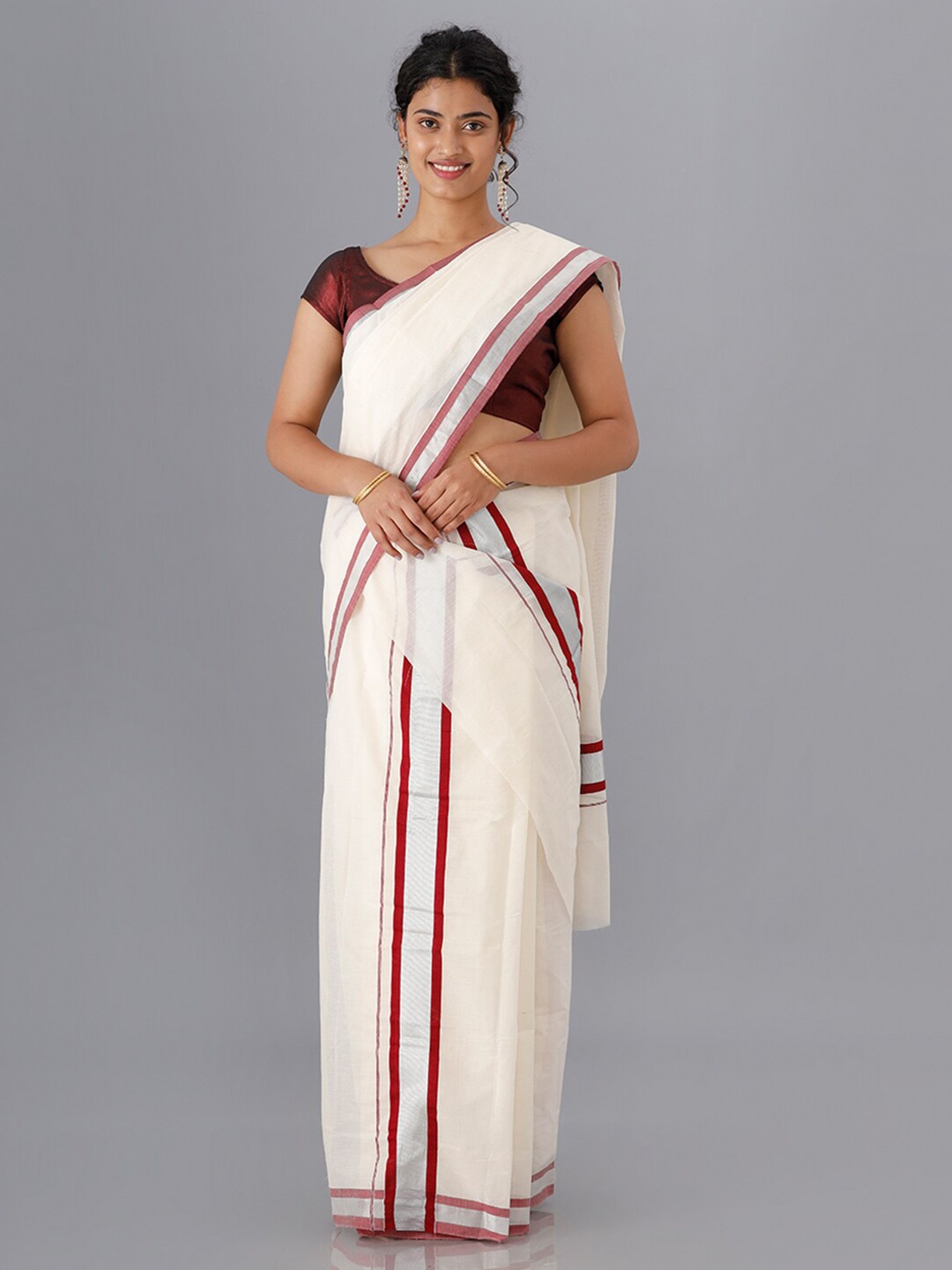 

Ramraj Women Cream-Coloured & Red Zari Kasavu Saree