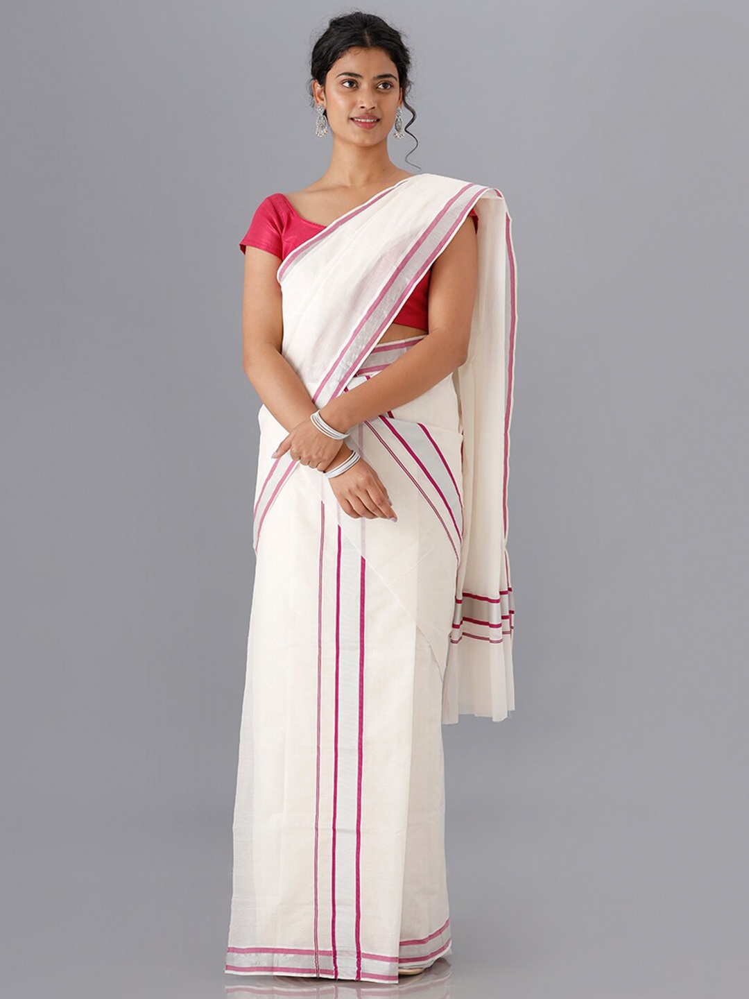 

Ramraj Women Cream-Coloured & Red Kasavu Saree