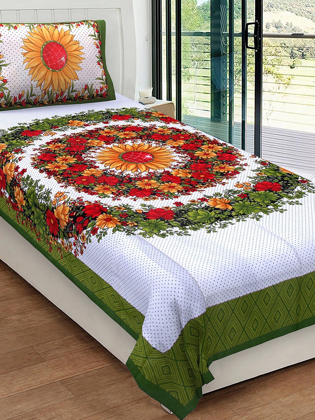 

Urban Magic Adults White & Red Floral 104 TC Single Bedsheet with 1 Pillow Cover